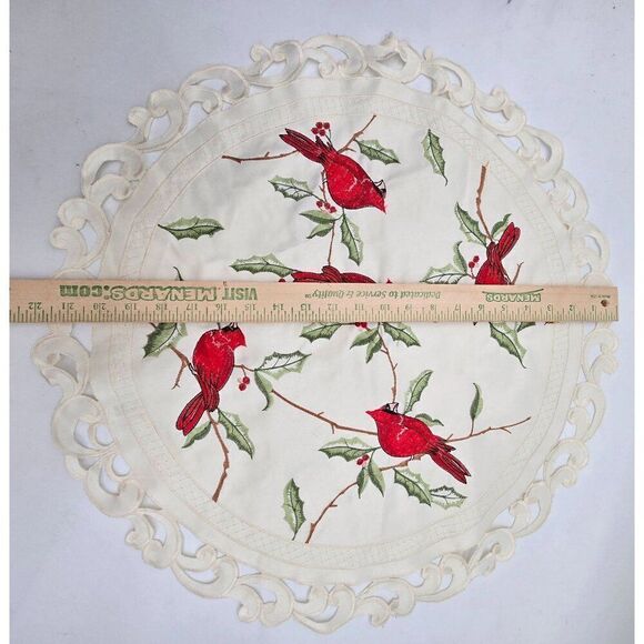 Round Christmas Red Cardinal Embroidered Lace Table Topper 16" - Picture 8 of 10